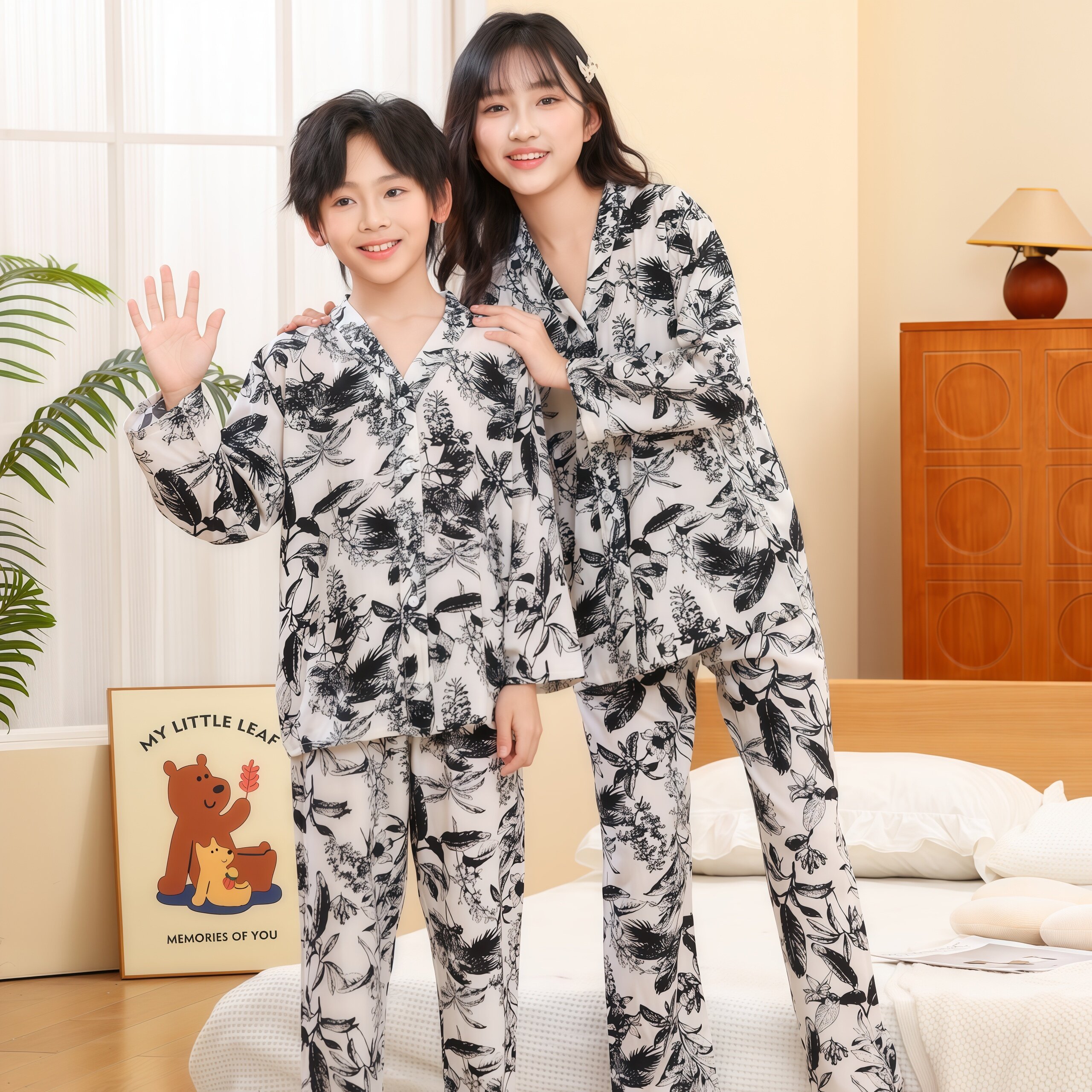 儿童睡衣棉绸套装夏季男童女童开衫韩版绵绸空调服中大童家居服