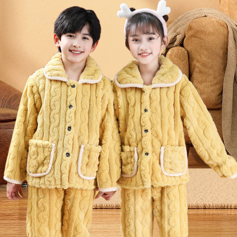 新款儿童睡衣秋冬季男童女童加厚保暖家居服中大童珊瑚绒睡衣套装