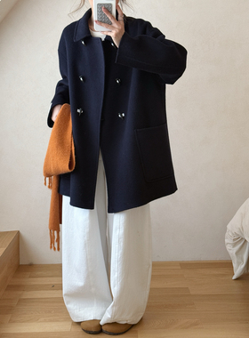 2025新款egg双面羊绒大衣女中长款小个子翻领双排扣羊毛呢外套女