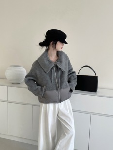 新款韩版双面羊绒大衣短款拉链小个子翻领休闲羊毛拼接羽绒外套女