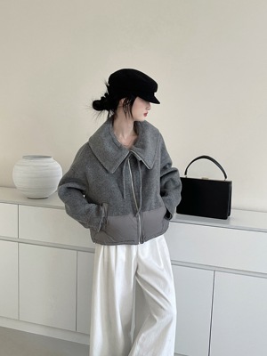 新款韩版双面羊绒大衣短款拉链小个子翻领休闲羊毛拼接羽绒外套女