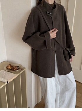 新款韩货立领木扣双面羊绒大衣女包包短款小个子宽松羊毛呢外套女
