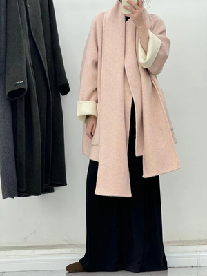 2024新款粉色围巾双面羊绒大衣女中长款赫本风拼色宽松韩版外套女