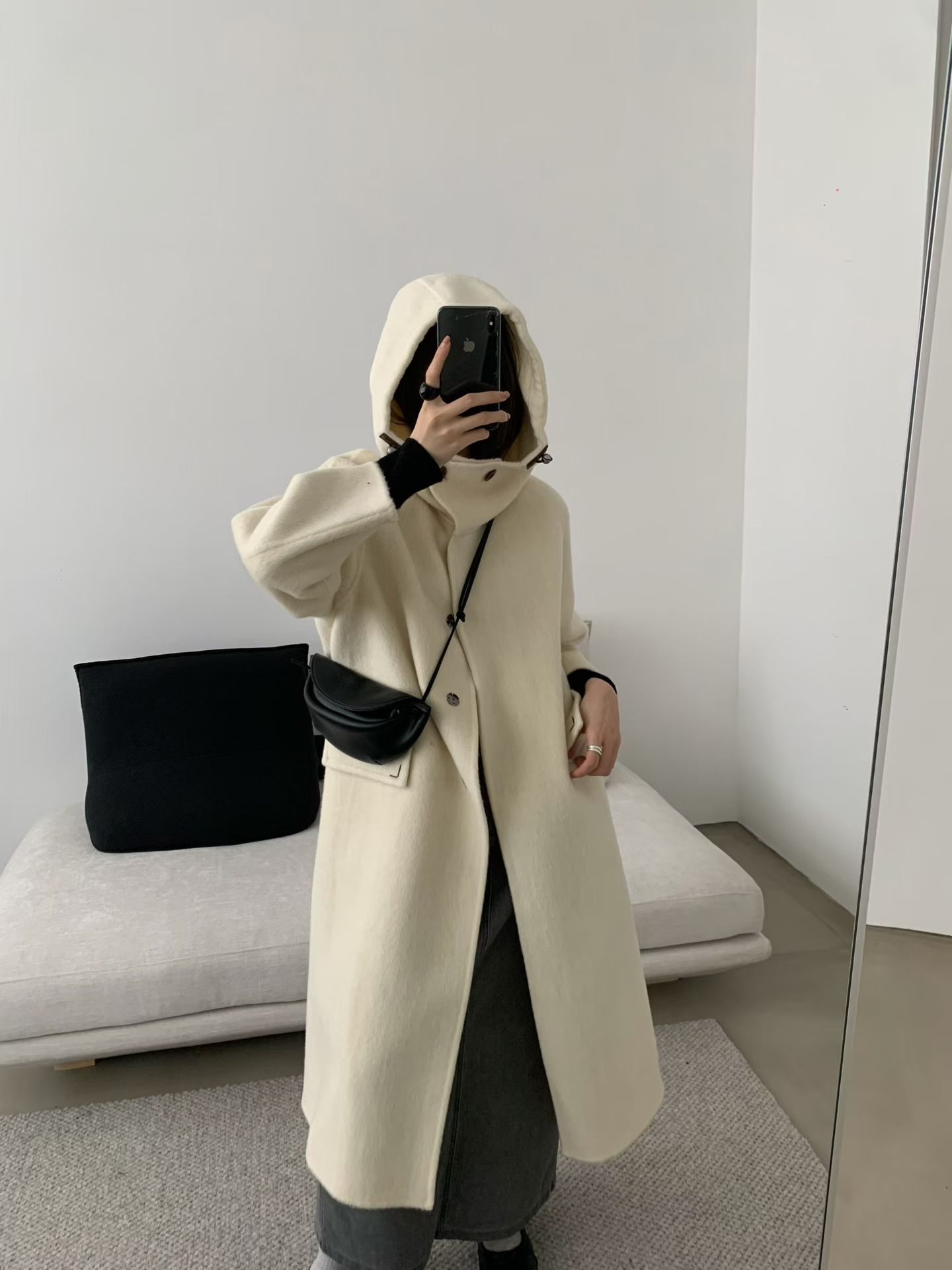 2025新款韩国东大门双面羊绒大衣女中长款连帽宽松羊毛呢外套女