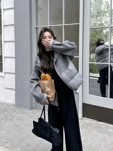 欧货宽松羊毛拼羽绒连帽双面羊绒大衣女抽绳休闲棒球服羊毛外套短