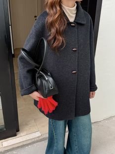 新款韩版双面羊绒大衣女中长款小个子翻领显瘦气质木扣羊毛呢外套