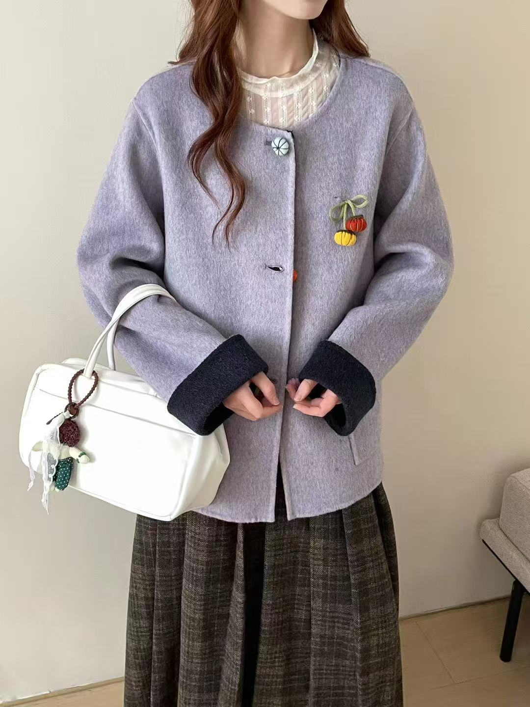 2025新款韩版双面羊绒大衣女短款小个子圆领柿子休闲羊毛呢外套女