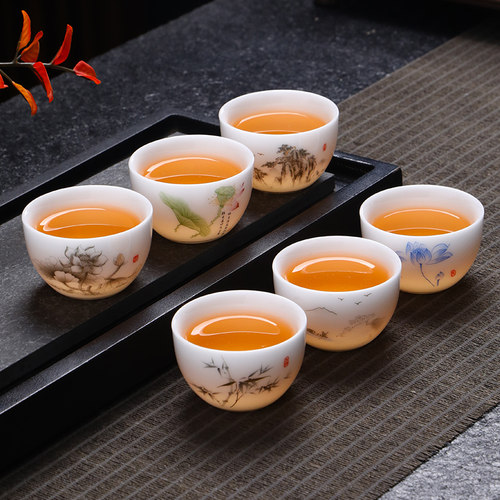 国风冰种玉瓷功夫茶杯6只带杯架