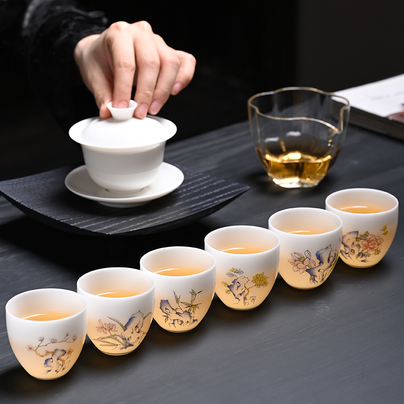 国风冰种玉瓷功夫喝茶杯一套6只