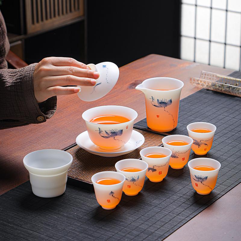 素烧手绘羊脂玉瓷功夫茶具青花瓷