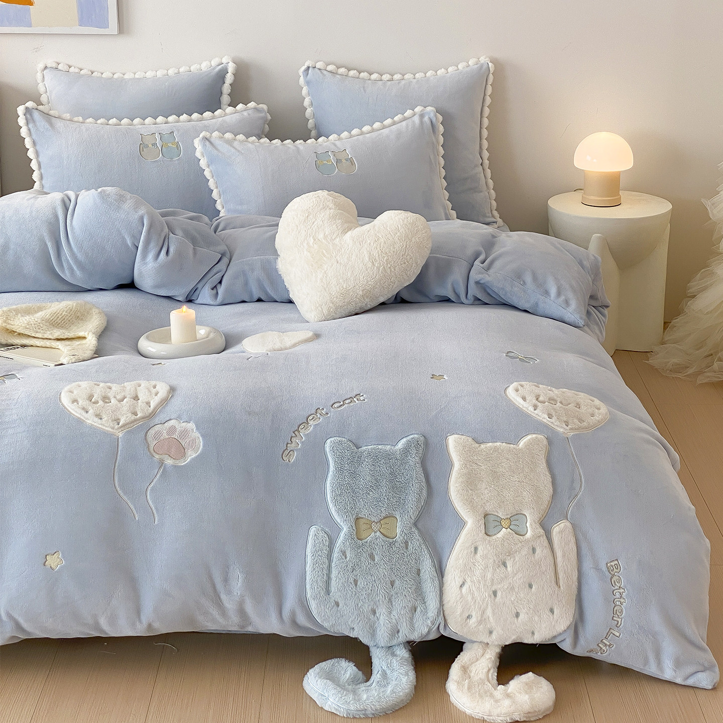 立体猫咪绣花冬季牛奶绒四件套治愈系卡通被套加毛绒加厚床单床品,床上用品,床品套件/四件套/多件套,淘宝优惠券,粉丝福利购,淘宝优惠卷