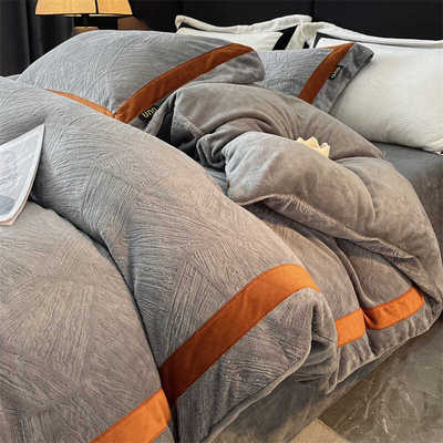 灰色A类牛奶绒雕花四件套高级感