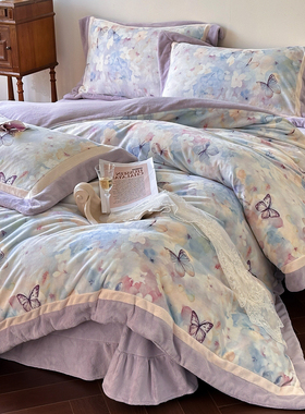 梦幻蝴蝶印花冬季牛奶绒四件套冬季慕丝绒被套紫色床单加厚2m床品