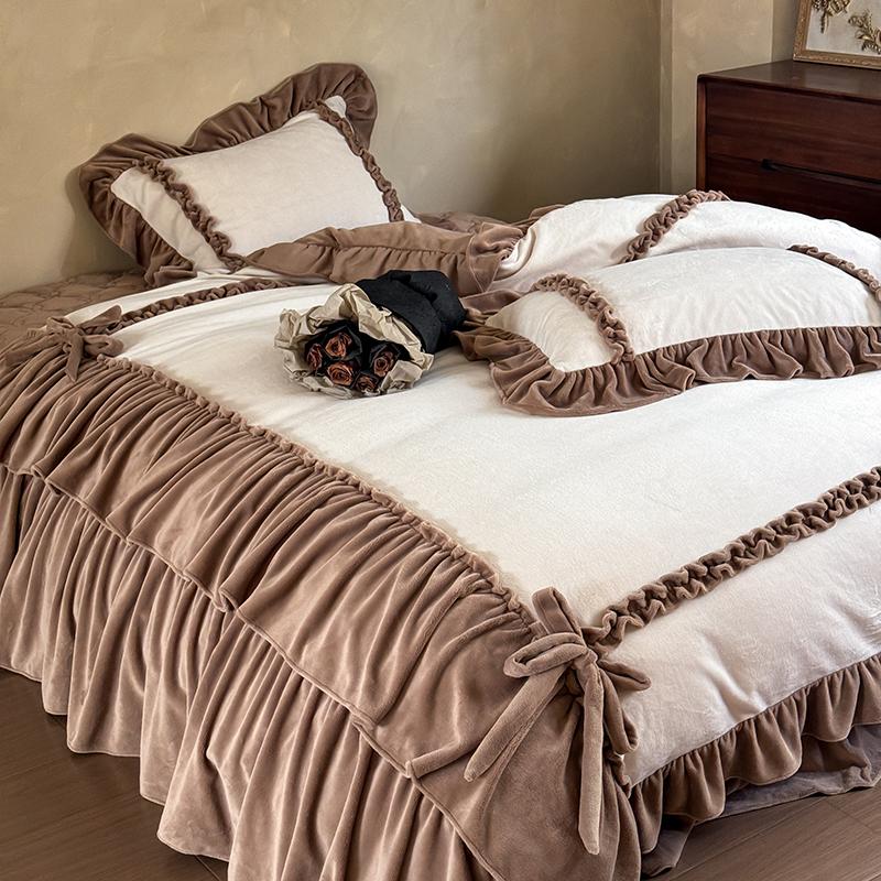 公主风花边牛奶绒加厚四件套冬季