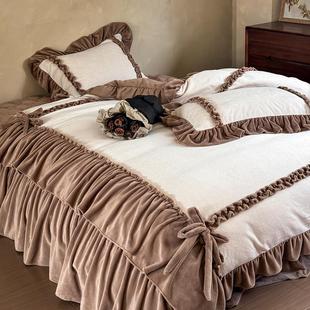 公主风花边牛奶绒加厚四件套冬季加绒被套床单床盖高端珊瑚绒床品