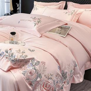 高端100全棉玫瑰刺绣四件套粉色陪嫁被套纯棉床单床笠结婚1.8床品