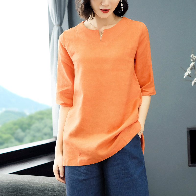 夏季新款2026麻料女装T恤 文艺旅行通勤百搭纯亚麻上衣五分袖衬衫