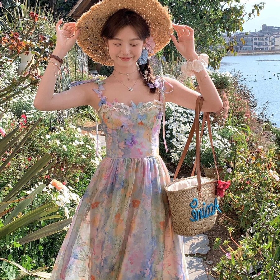 浮光莫奈绝美蝴蝶碎花油画仙女裙图片