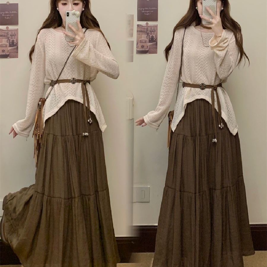 韩系温柔风不规则罩衫上衣半身裙