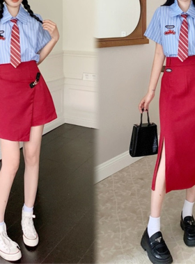 大码胖mm美式学院风条纹领带衬衫红色高腰半身裙女辣妹显瘦两件套