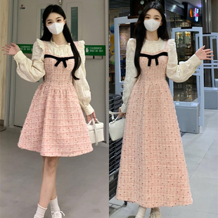 胖mm甜美小香风假两件拼接粉色连衣裙女秋冬气质显瘦中长裙子 大码