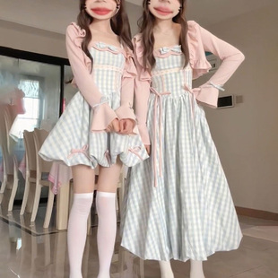 胖mm甜美温柔风蝴蝶结蓝格吊带连衣裙开衫 大码 女春夏花苞裙两件套