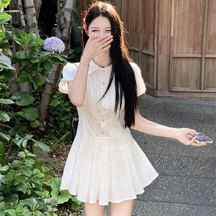 胖mm纯欲甜美学院风翻领收腰白色衬衫 大码 连衣裙女夏初恋小白裙子