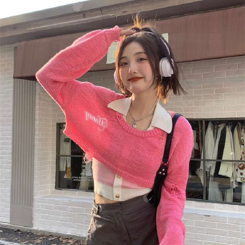 大码胖mm甜辣设计感短款破洞针织罩衫内搭背心女秋冬辣妹两件套装