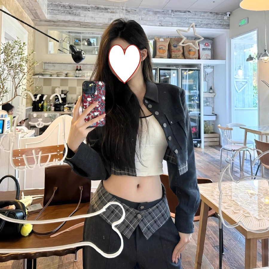 韩系千金甜酷格纹拼接西装阔腿裤