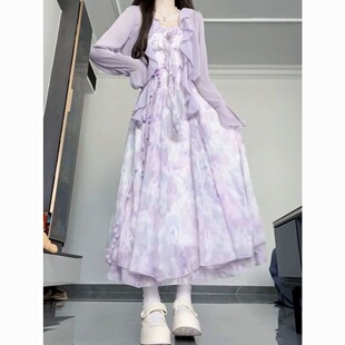 女春夏显瘦仙女裙 纯欲荷叶边紫色碎花吊带连衣裙开衫 大码 胖mm法式