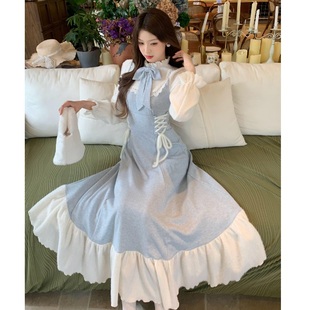 大码 温柔风撞色蝴蝶结系带收腰连衣裙女秋冬显瘦气质长裙 胖mm法式