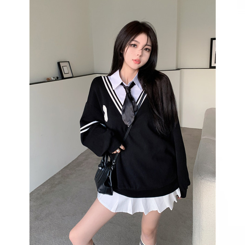 大码女装秋冬新款学院风设计感假两件领带衬衫卫衣胖mm软妹jk上衣