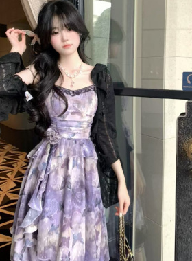 大码胖mm纯欲不规则紫色蝴蝶碎花吊带连衣裙开衫女春夏显瘦两件套