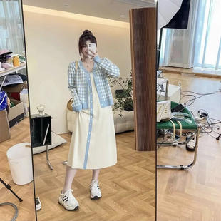 大码胖mm早秋甜美复古菱格针织开衫吊带背心裙女显瘦长裙两件套装
