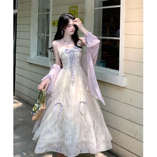 大码 女早秋仙女两件套 胖mm纯欲温柔紫色蝴蝶结碎花吊带连衣裙开衫