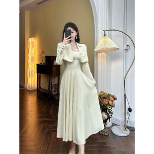 外套收腰吊带连衣裙女秋冬气质两件套装 小西装 胖mm高级感短款 大码