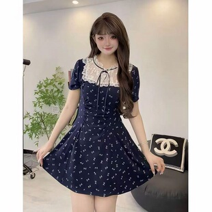 大码胖mm法式甜美蕾丝拼接收腰碎花连衣裙女春夏气质显瘦中长裙子