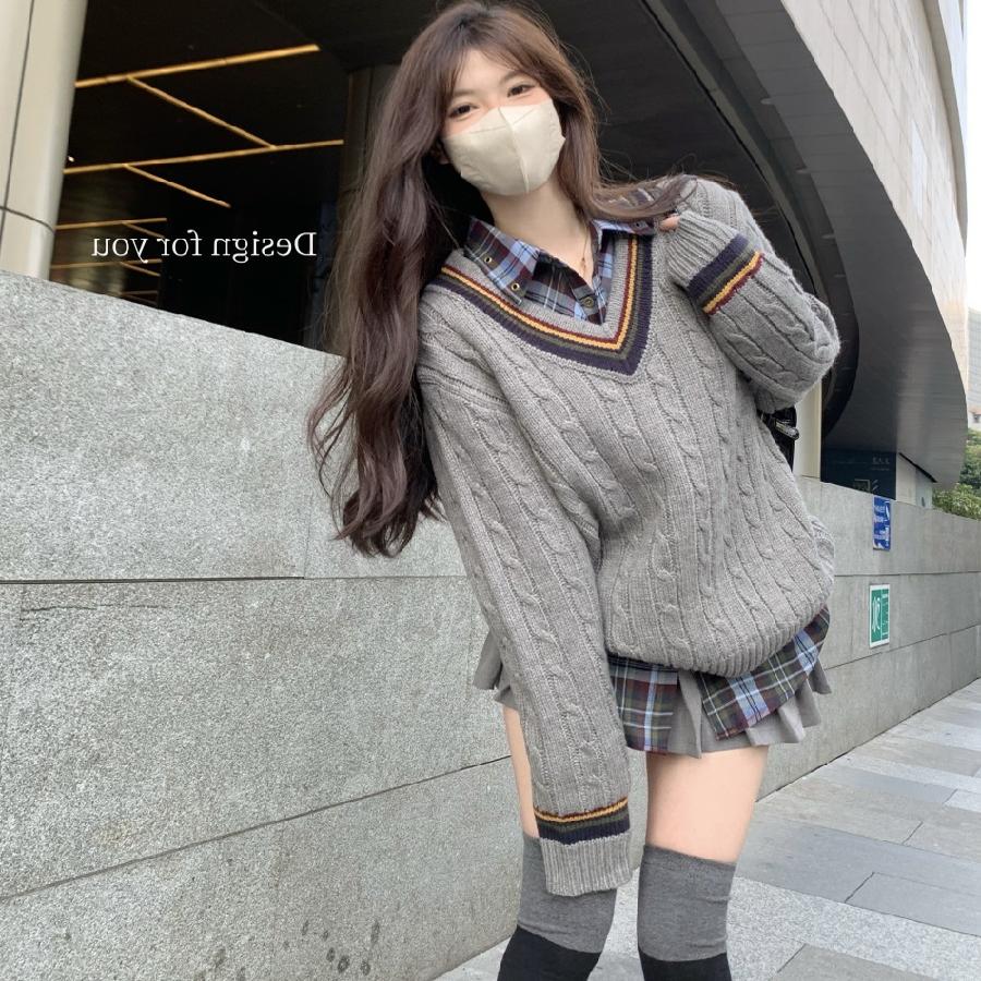 韩系女高针织衫衬衫短裙jk三件套