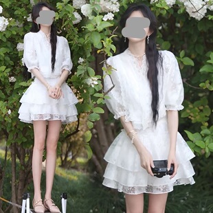 大码胖mm法式甜美白色蕾丝v领衬衫上衣蛋糕裙女春显瘦仙女两件套