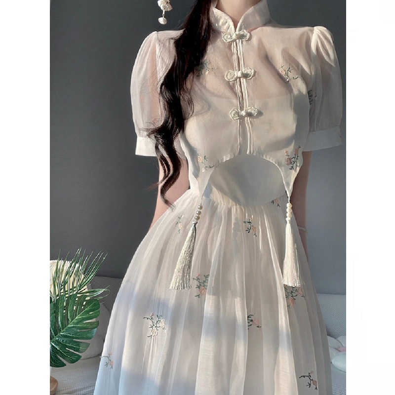 大码胖mm新中式国风流苏衬衫碎花吊带连衣裙女改良汉服旗袍裙套装