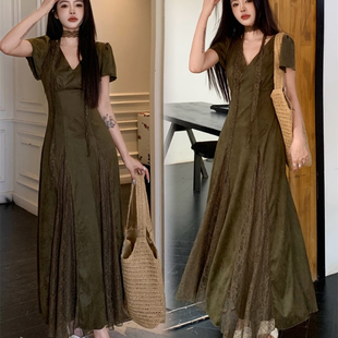 大码胖mm清冷高级感墨绿色v领收腰连衣裙女春夏辣妹气质垂感长裙