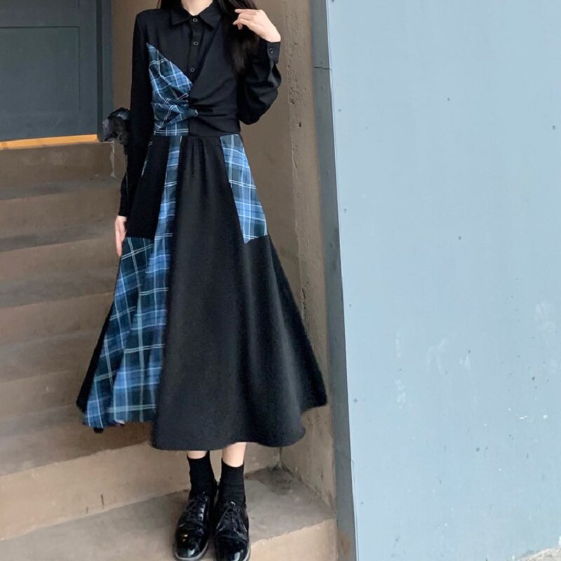大码女装早春新款甜酷设计感系带蓝黑格子连衣裙胖mm显瘦衬衫裙子