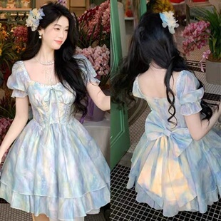 大码 胖mm纯欲温柔高级感蝴蝶结收腰连衣裙女夏显瘦仙女公主蓬蓬裙
