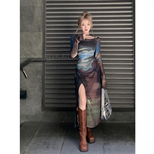 大码 胖mm复古开叉收腰网纱吊带连衣裙女春夏辣妹显瘦长裙两件套装