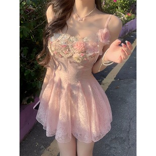 胖mm纯欲甜美粉色花朵蕾丝网纱吊带连衣裙女春夏显瘦仙女裙子 大码