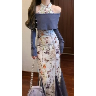 大码胖mm新中式一字肩坎肩上衣碎花挂脖连衣裙女秋冬旗袍鱼尾长裙