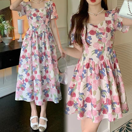 大码胖mm复古高级感方领收腰油画碎花连衣裙女夏遮肚显瘦中长裙子
