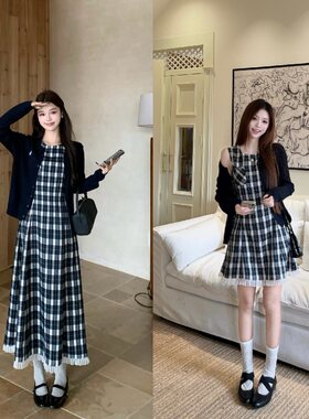 miu系甜美学院风格纹背心裙开衫