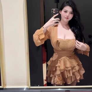 大码 胖mm纯欲性感蕾丝上衣内搭吊带荷叶边半身裙女早秋显瘦三件套