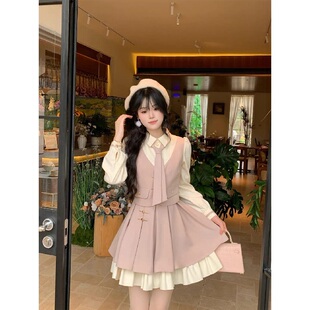 大码 学院风高级感撞色假两件收腰连衣裙女春显瘦百褶短裙 胖mm法式